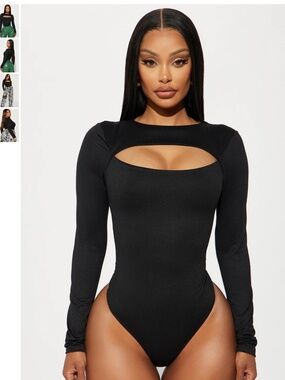 Fashion Nova Eli Cut Out Long Sleeve Bodysuit Size M in Black NWT